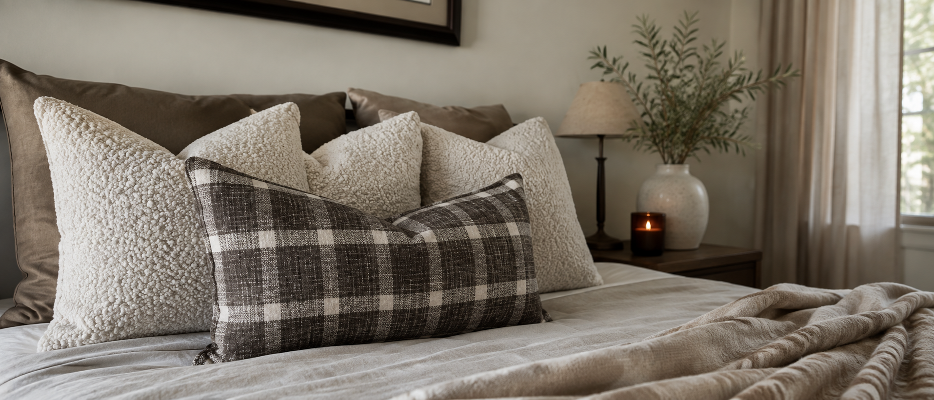 Layered home textiles in a calm living space