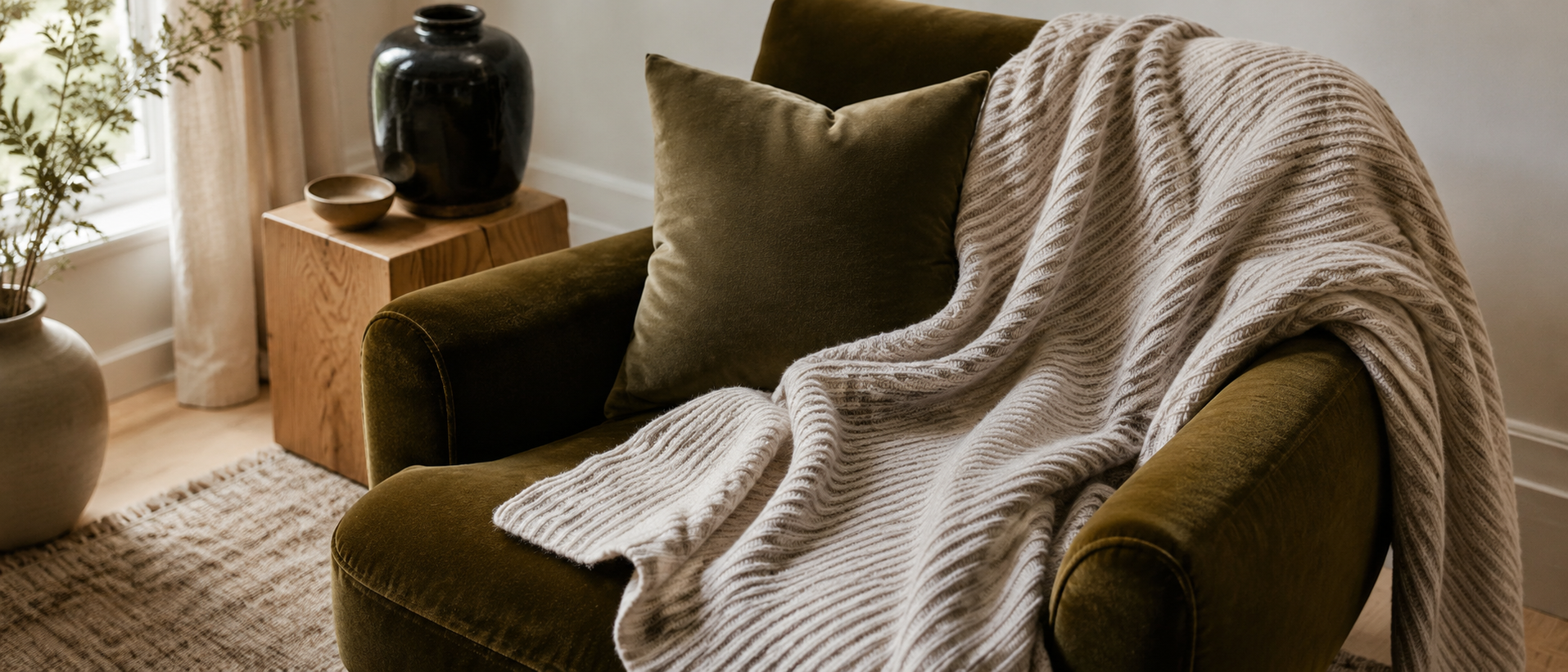 Soft home textiles styled in a relaxed living space