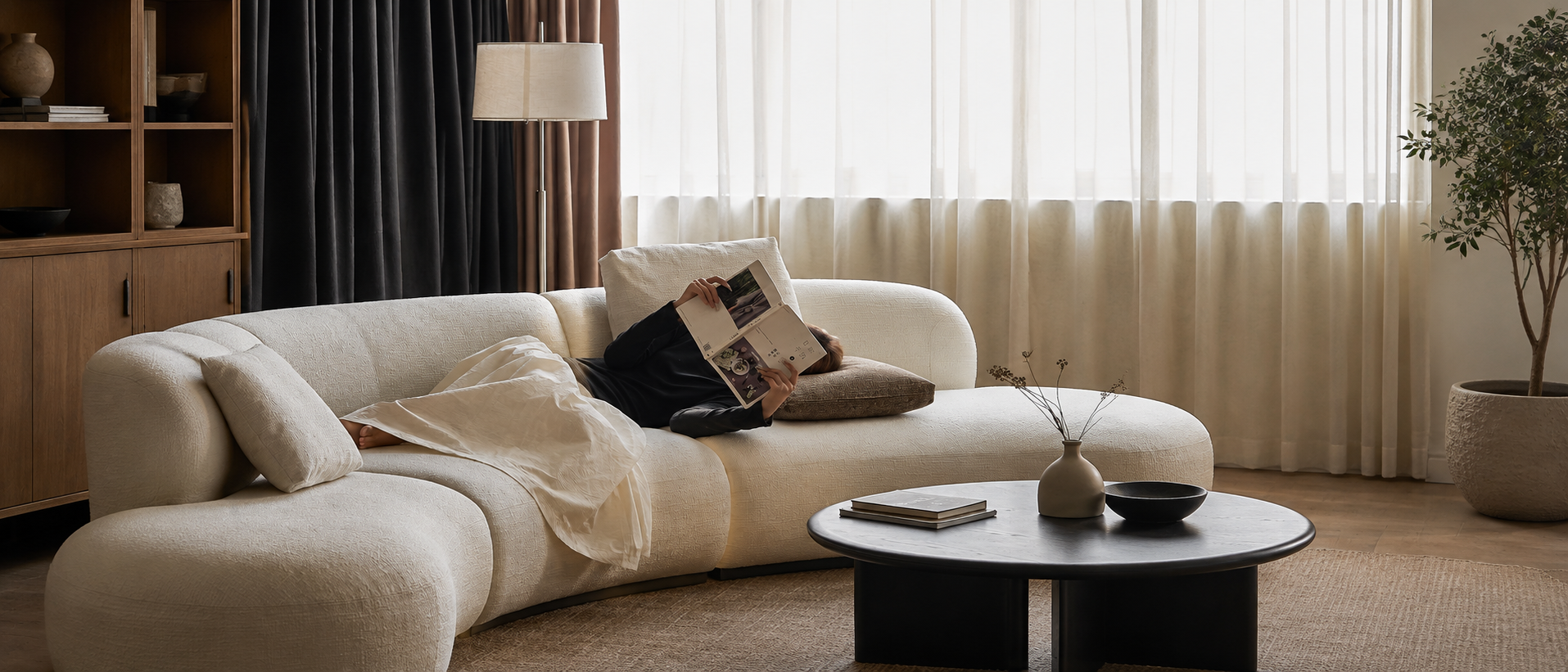 Soft textiles styled in a calm modern home